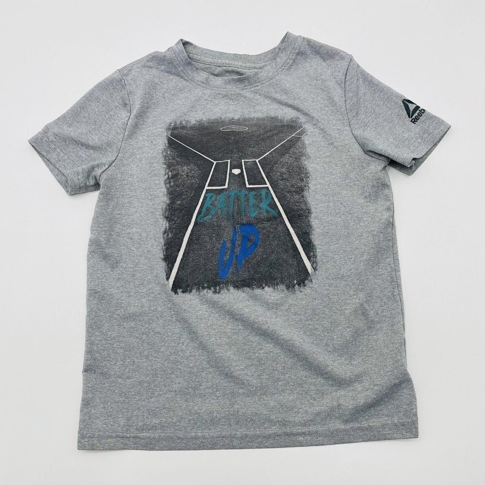 Reebok Youth Boys Size XS 6-8 Batter Up Graphic Moisture Wicking Tshirt Gray 049